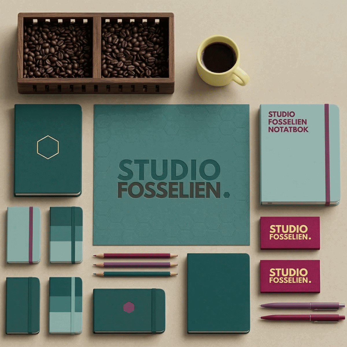 Studio FosseLien grafisk materiell - notatbøker og penner