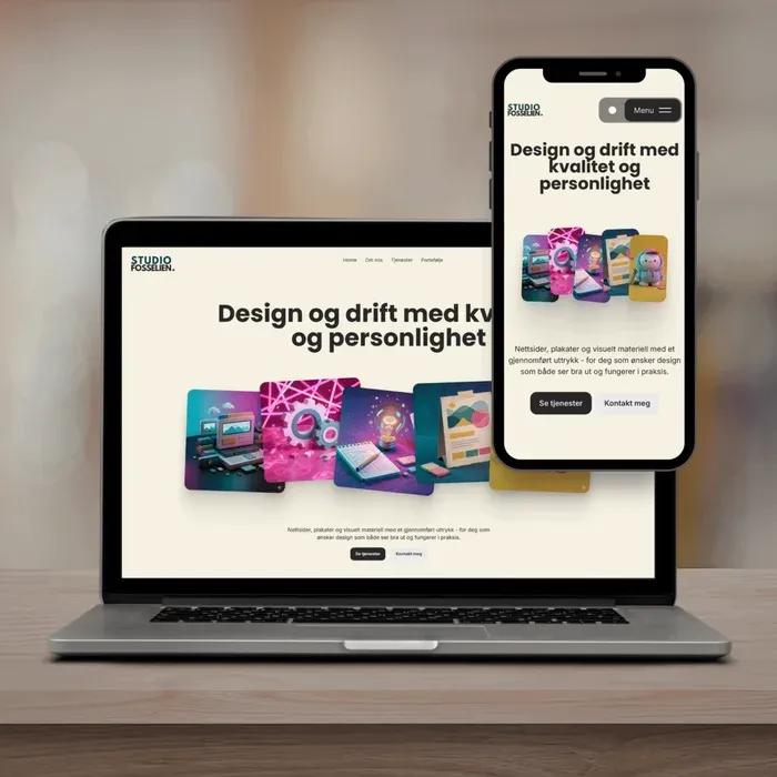 Mockup av Studio FosseLien-nettside på laptop og mobil